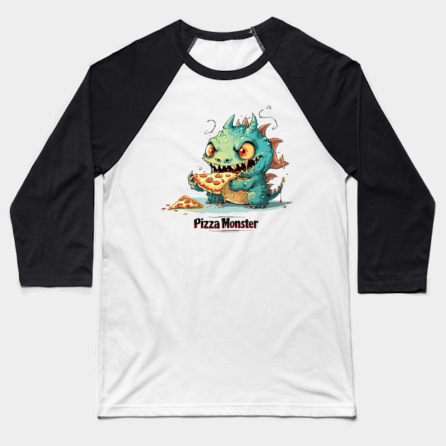 Cute Pizza Eating Monster Baseball T-Shirt by Obotan Mmienu